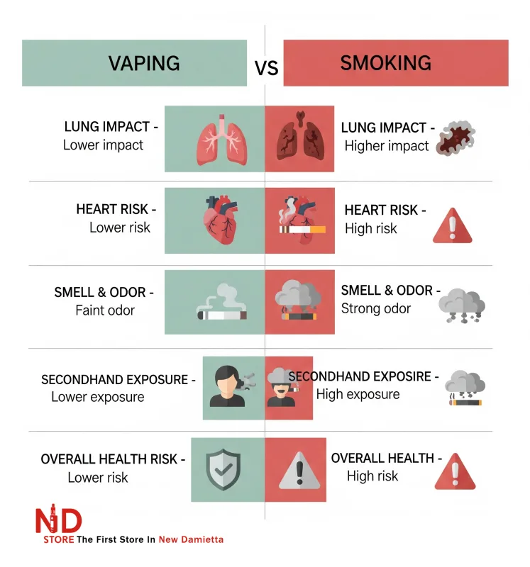 vaping vs smoking health effects ND Store Health effects comparison between vaping and traditional smoking - ND Store, Vape Store in Damietta